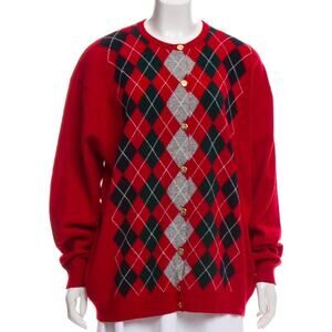 Vintage Burberry Lambs Wool Red Argyle Cardigan Sweater Buttons UK Size‎ 46 XL